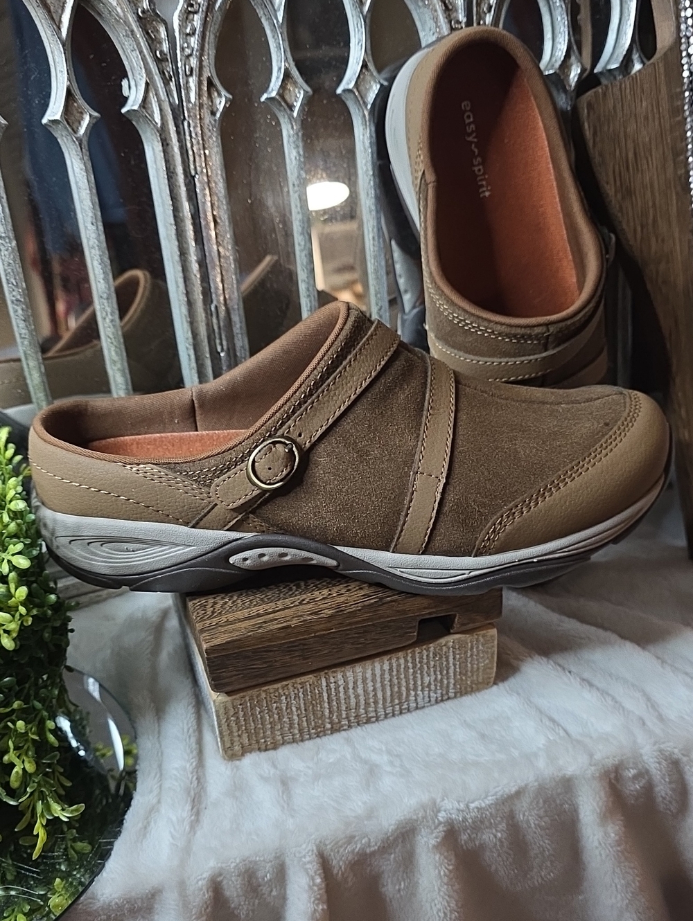 Easy Spirit Tan Slip-On Clog with Buckle Accent